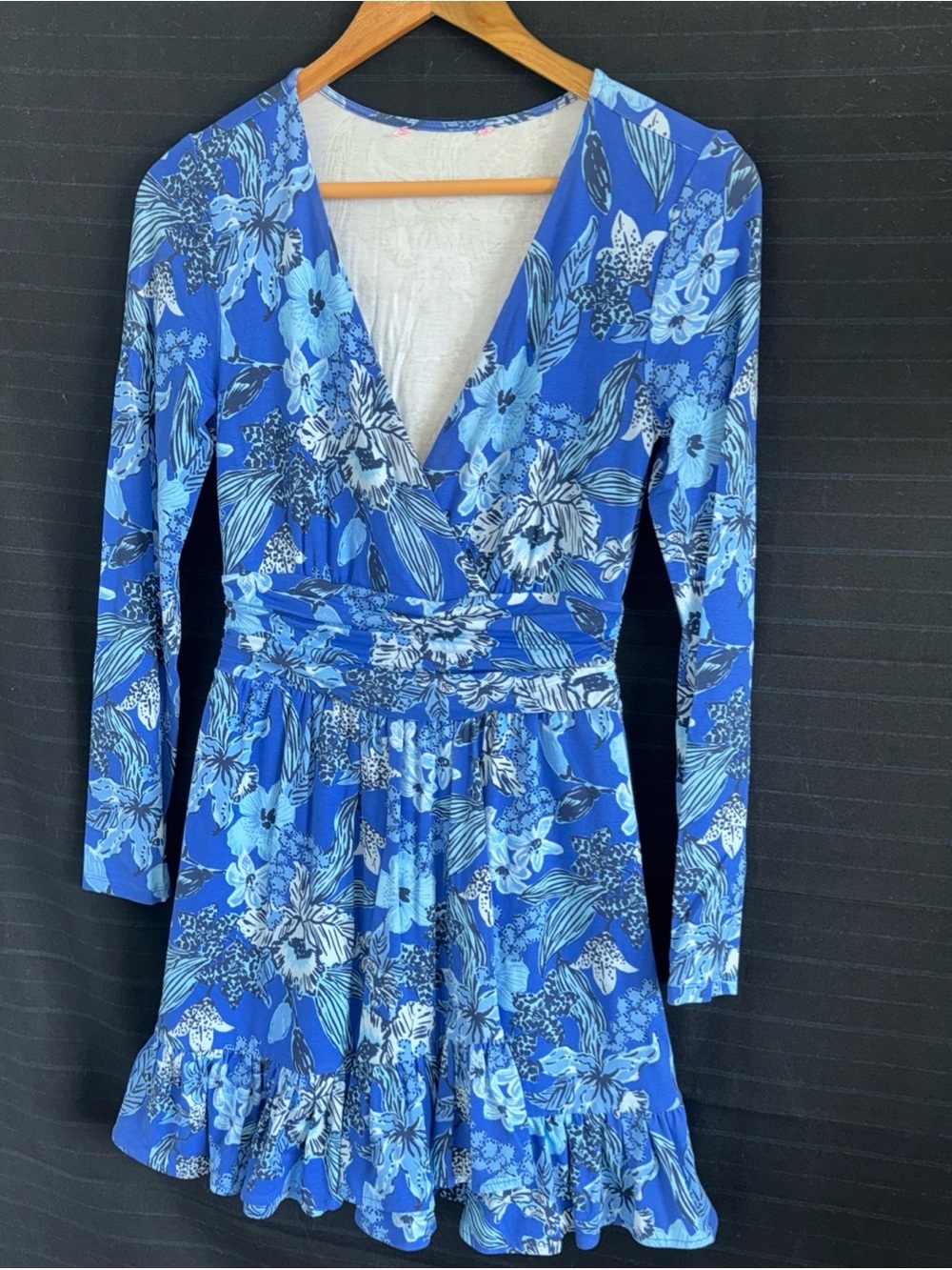 Lilly Pulitzer Blue Floral Empire Waist L/S Dress w/ Short Under Ruffle Hem XS - Picture 2 of 13